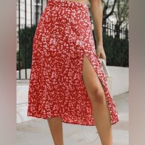 Abercrombie High Slit Midi Skirt Red Floral
